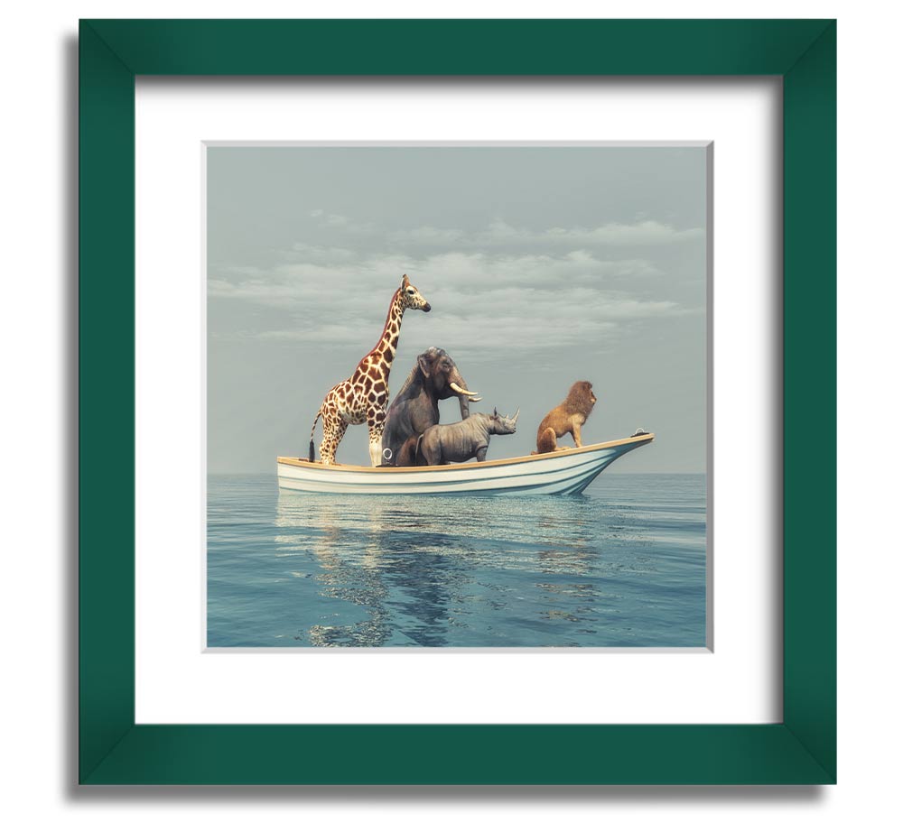 A beautifully framed print of the Animal Kingdom Boat Ride, showcasing vibrant colors and intricate details, ready to hang on the wall.