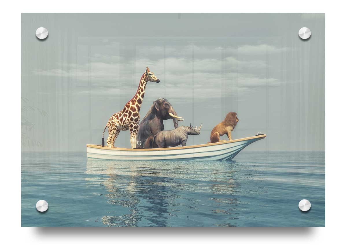 A vibrant acrylic print of the Animal Kingdom Boat Ride, showcasing colorful wildlife and lush scenery, perfect for wall decor.