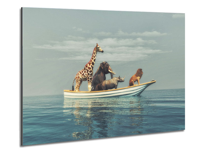 A vibrant artwork of the Animal Kingdom Boat Ride printed on brushed aluminium dibond, showcasing colorful wildlife and modern design.
