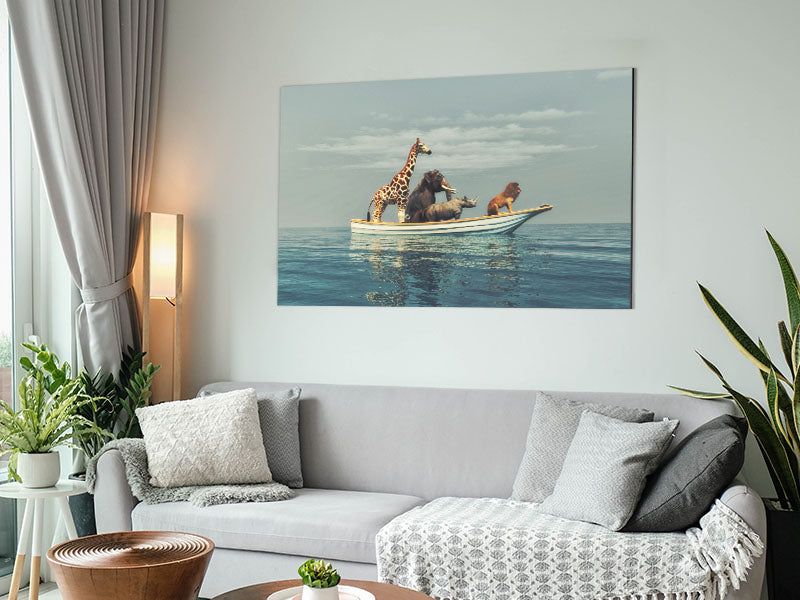 A vibrant artwork of the Animal Kingdom Boat Ride printed on brushed aluminium dibond, showcasing colorful wildlife and modern design.