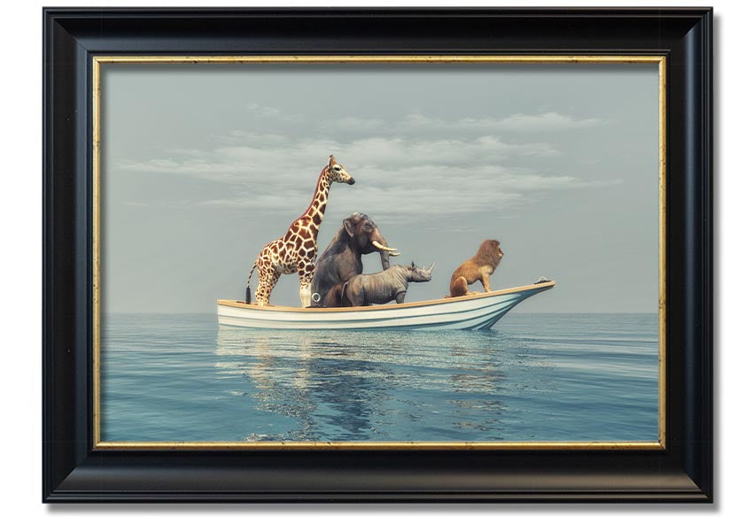 A beautifully framed print of the Animal Kingdom Boat Ride, showcasing vibrant colors and intricate details, ready to hang on your wall.