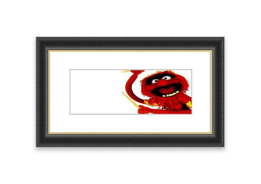A vibrant framed print of an animal playing drums, showcasing colorful artwork and a stylish frame.