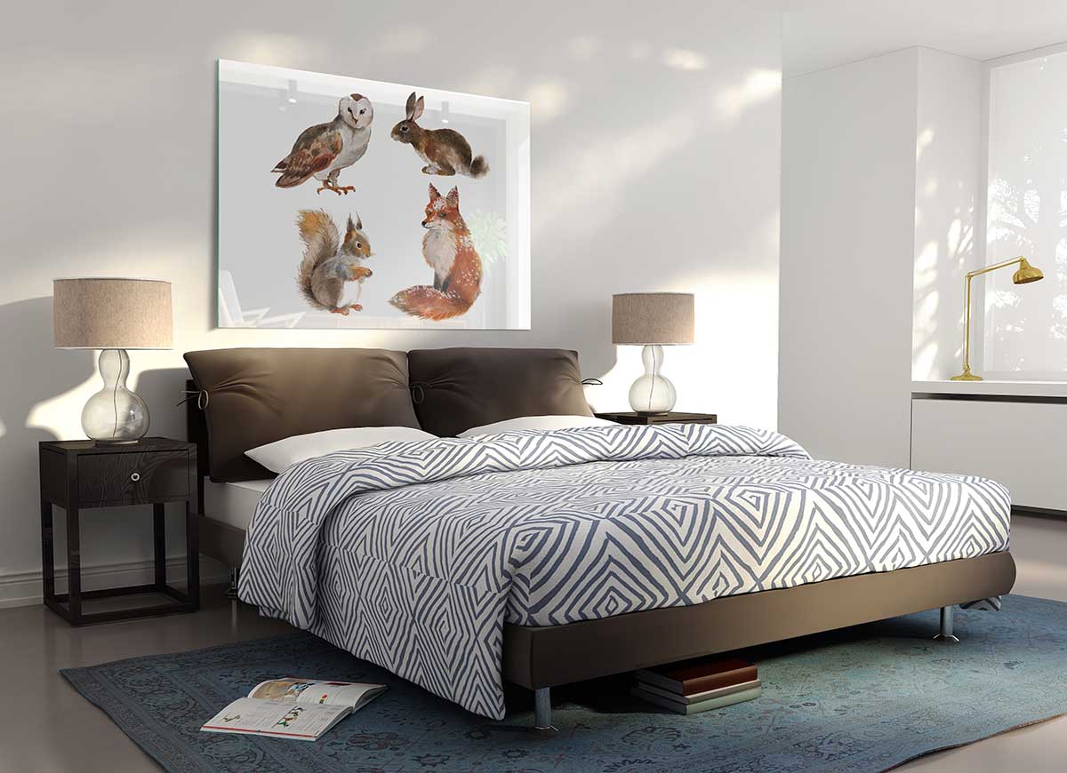 A modern glass print featuring various woodland animals, showcasing vibrant colors and intricate details, perfect for home decor.