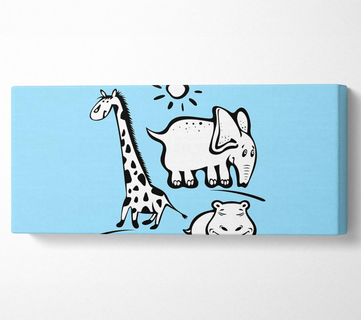 Animals Under The Sun Baby Blue canvas art featuring playful animal illustrations on a vibrant baby blue background, mounted on a sturdy box frame.