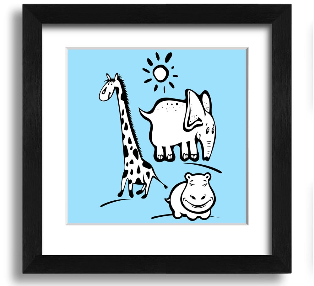 Animals Under The Sun Baby Blue square framed print featuring playful animal illustrations in soft blue tones, ready to hang.
