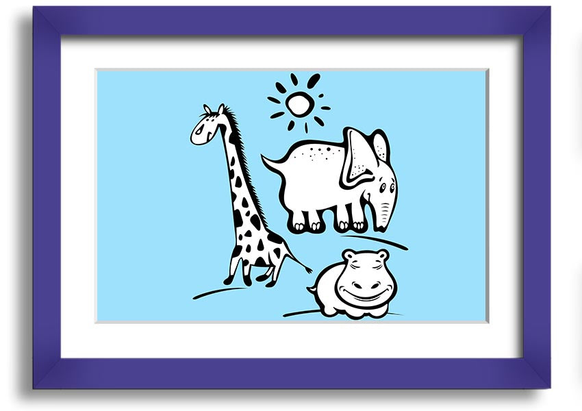 Animals Under The Sun Baby Blue framed print featuring playful animal illustrations in soft blue tones, ready to hang.