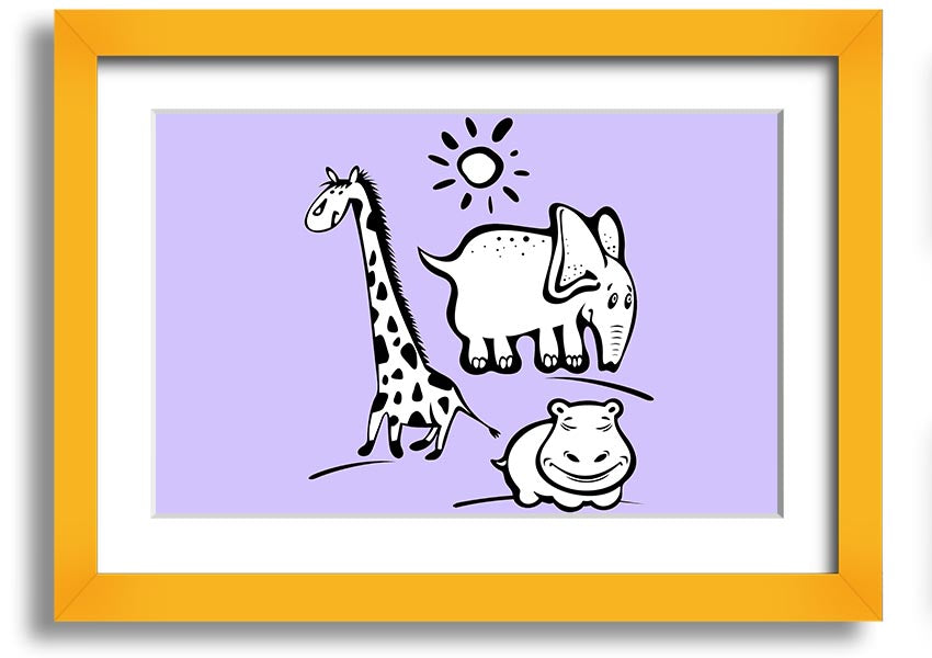 Framed print of Animals Under The Sun in lilac, showcasing playful animals under a sunlit sky, available in various frame colors.