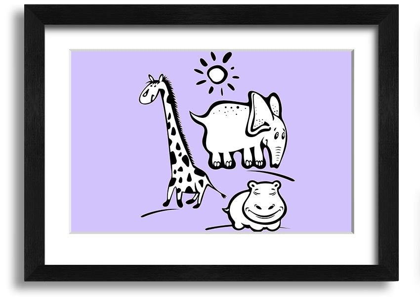 Framed print of Animals Under The Sun in lilac, showcasing playful animals under a sunlit sky, available in various frame colors.