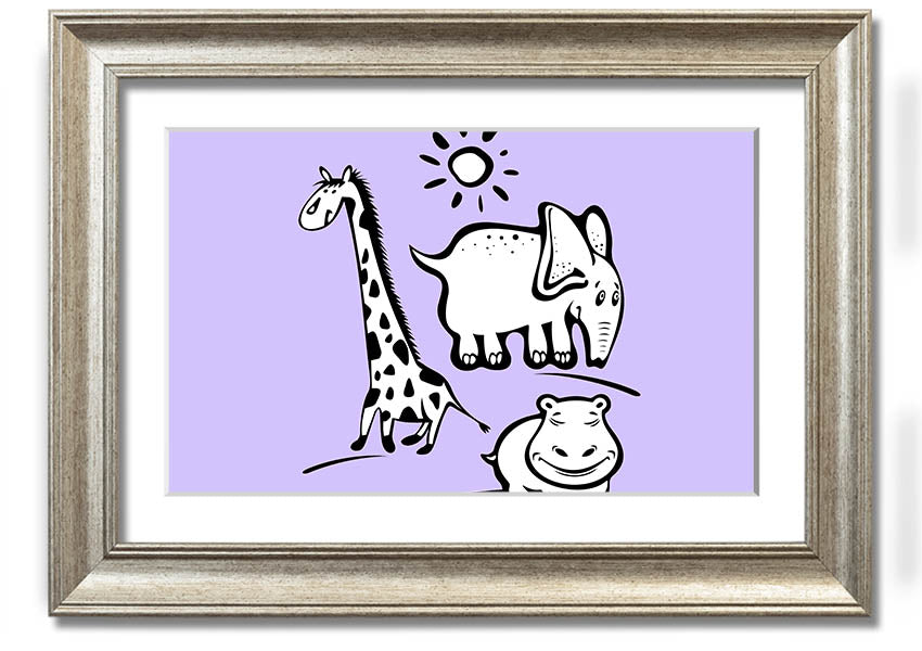 Framed print of Animals Under The Sun in lilac, showcasing playful animals under a sunlit sky, available in various frame colors.