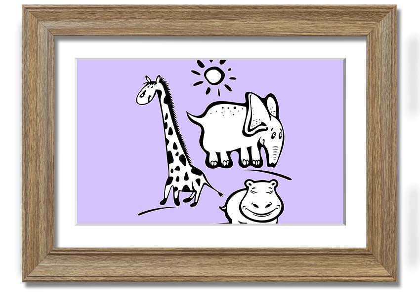 Framed print of Animals Under The Sun in lilac, showcasing playful animals under a sunlit sky, available in various frame colors.