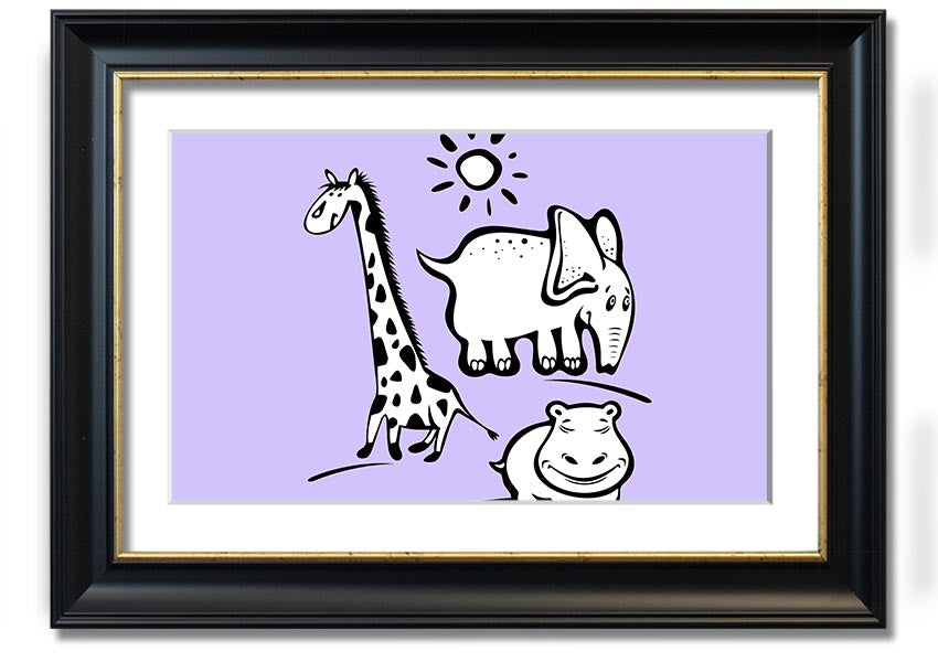 Framed print of Animals Under The Sun in lilac, showcasing playful animals under a sunlit sky, available in various frame colors.