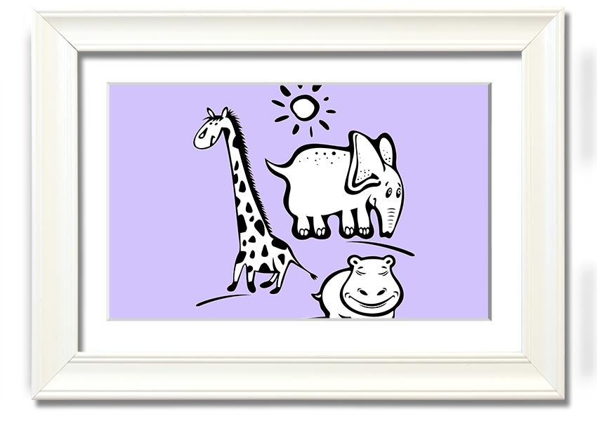 Framed print of Animals Under The Sun in lilac, showcasing playful animals under a sunlit sky, available in various frame colors.