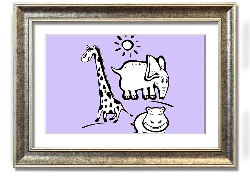 Framed print of Animals Under The Sun in lilac, showcasing playful animals under a sunlit sky, available in various frame colors.