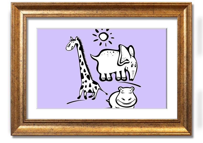 Framed print of Animals Under The Sun in lilac, showcasing playful animals under a sunlit sky, available in various frame colors.
