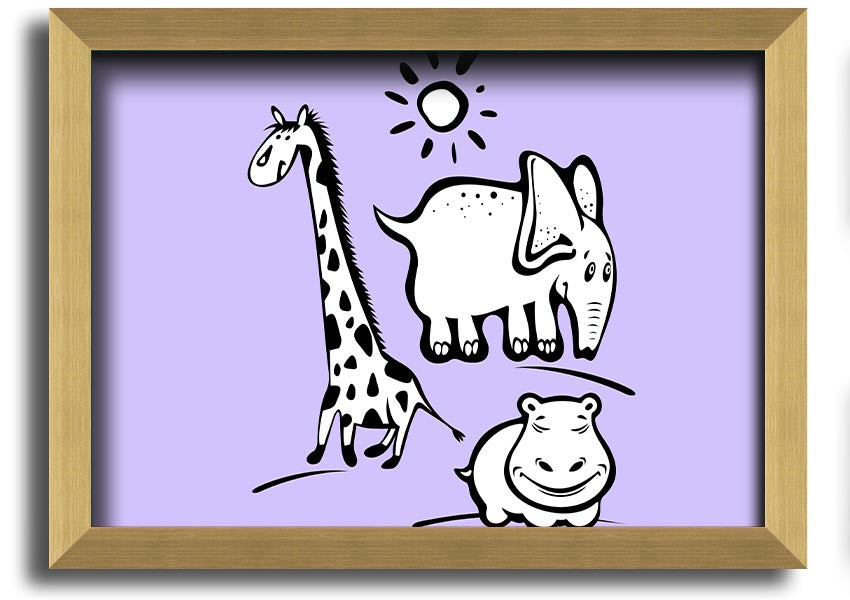 Framed print of Animals Under The Sun in lilac, showcasing playful animals under a sunlit sky, available in various frame colors.