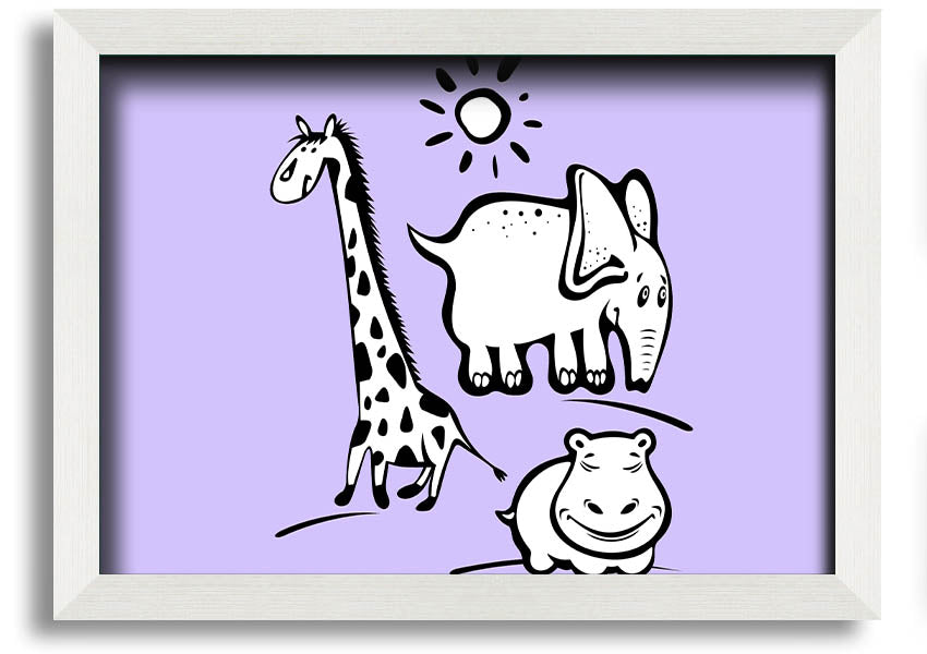 Framed print of Animals Under The Sun in lilac, showcasing playful animals under a sunlit sky, available in various frame colors.