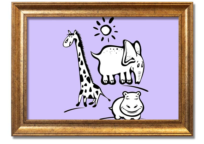 Framed print of Animals Under The Sun in lilac, showcasing playful animals under a sunlit sky, available in various frame colors.