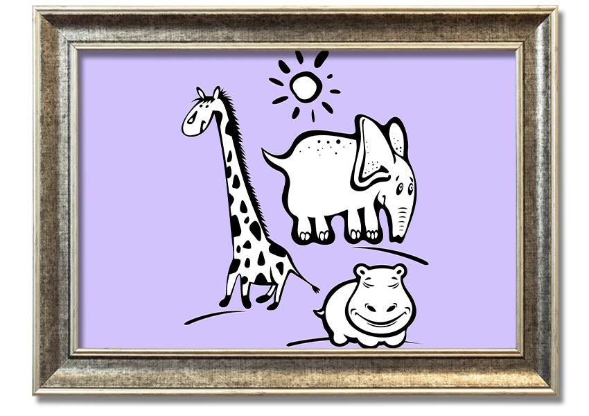 Framed print of Animals Under The Sun in lilac, showcasing playful animals under a sunlit sky, available in various frame colors.
