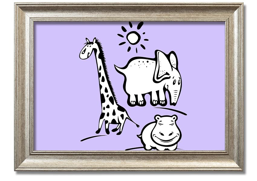Framed print of Animals Under The Sun in lilac, showcasing playful animals under a sunlit sky, available in various frame colors.