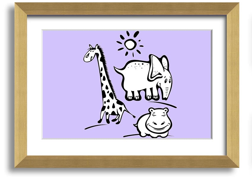 Framed print of Animals Under The Sun in lilac, showcasing playful animals under a sunlit sky, available in various frame colors.