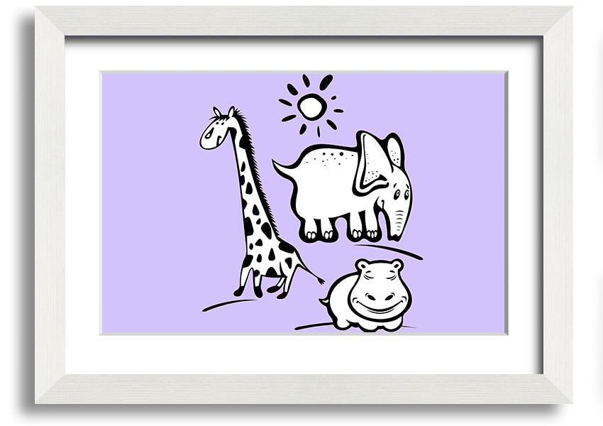 Framed print of Animals Under The Sun in lilac, showcasing playful animals under a sunlit sky, available in various frame colors.