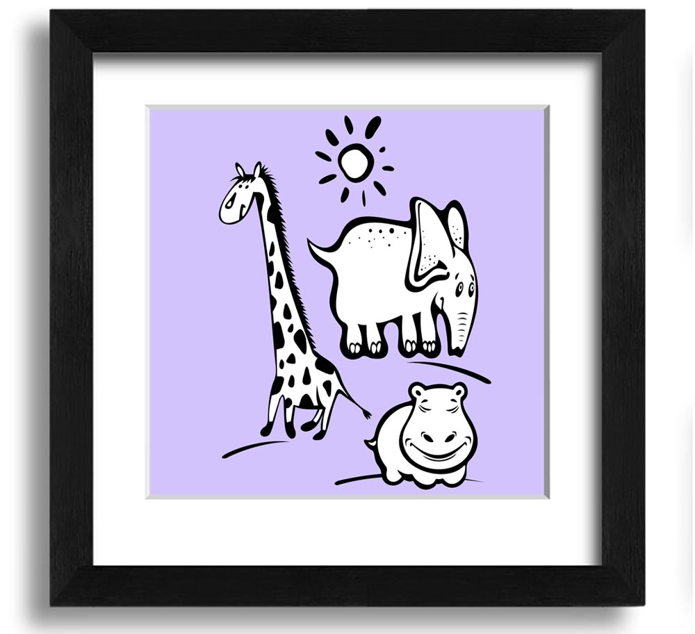 Animals Under The Sun Lilac Square Framed Print, showcasing vibrant colors and intricate details, ready to hang.