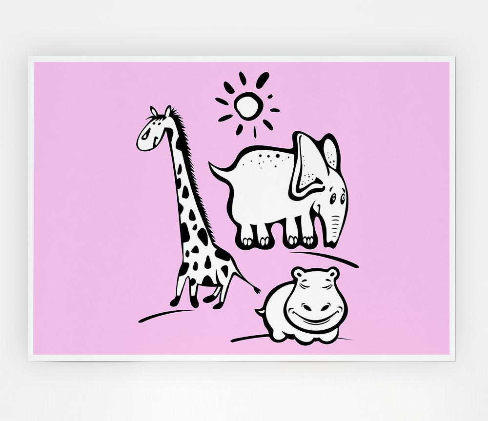 Animals Under The Sun Pink poster featuring vibrant animal designs on high-quality canvas.