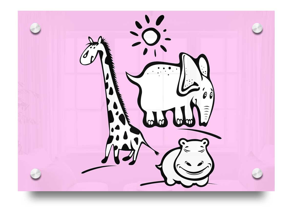Animals Under The Sun Pink acrylic print featuring colorful animals under a bright sun, mounted on 5mm thick acrylic glass.