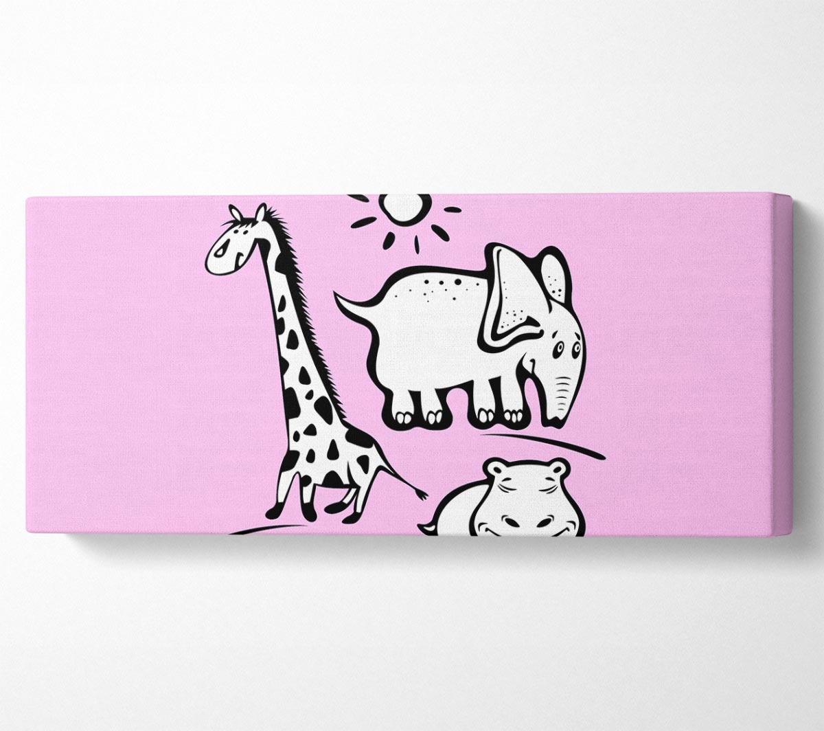 Vibrant pink canvas artwork featuring playful animals under the sun, mounted on a sturdy box frame, ready to hang.