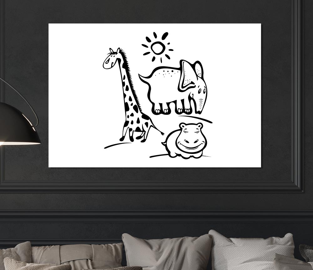 A vibrant canvas poster featuring various animals basking under the sun, showcasing colorful illustrations.