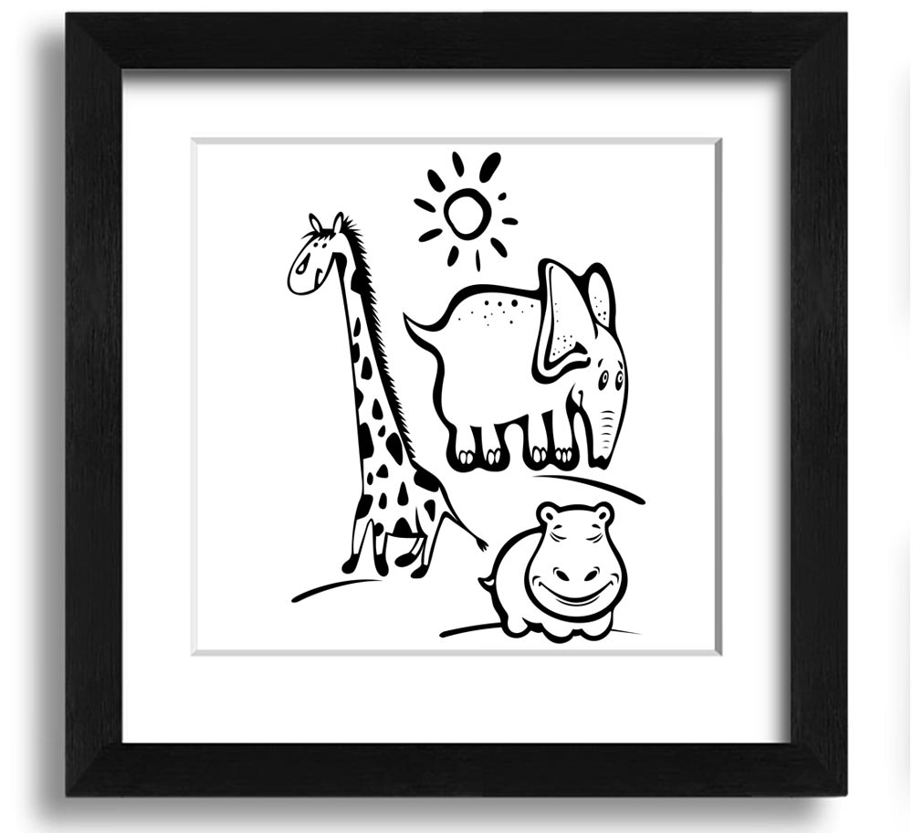 Animals Under The Sun White square framed print showcasing various animals under sunlight, handmade in the UK.