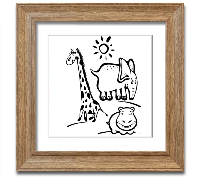Animals Under The Sun White square framed print showcasing various animals under sunlight, handmade in the UK.