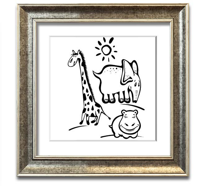 Animals Under The Sun White square framed print showcasing various animals under sunlight, handmade in the UK.