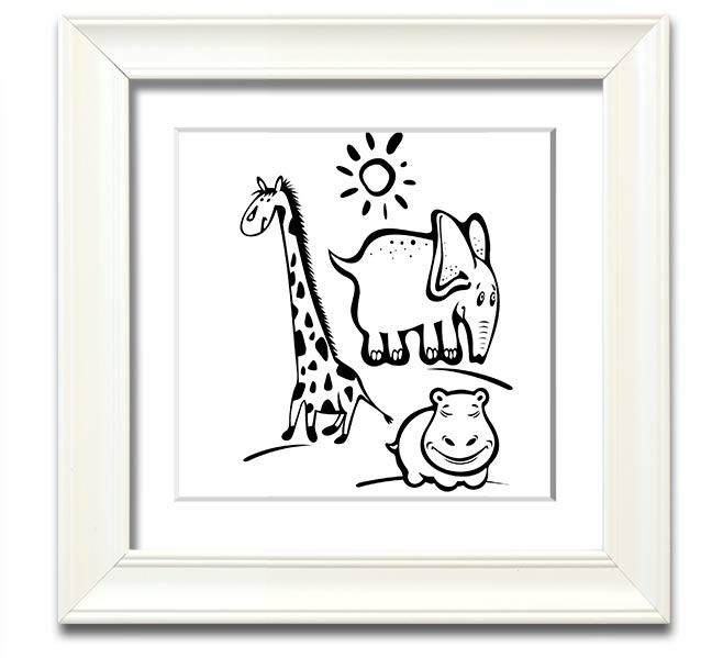 Animals Under The Sun White square framed print showcasing various animals under sunlight, handmade in the UK.