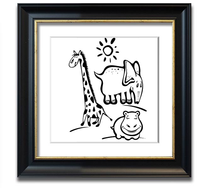 Animals Under The Sun White square framed print showcasing various animals under sunlight, handmade in the UK.