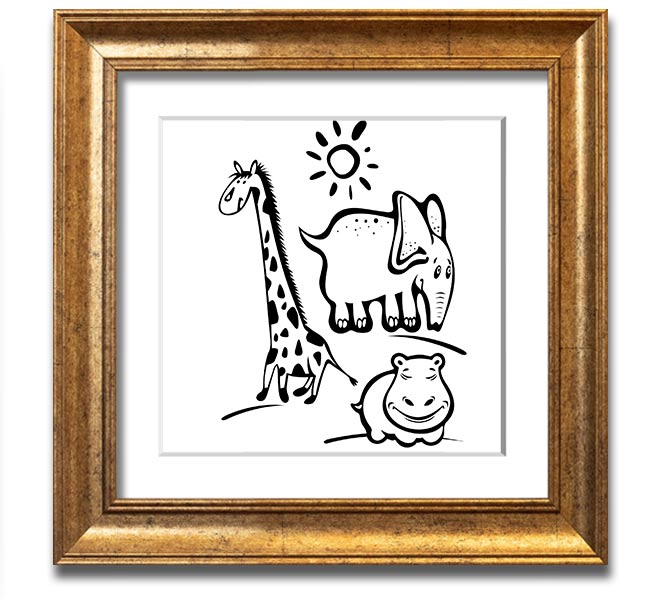 Animals Under The Sun White square framed print showcasing various animals under sunlight, handmade in the UK.