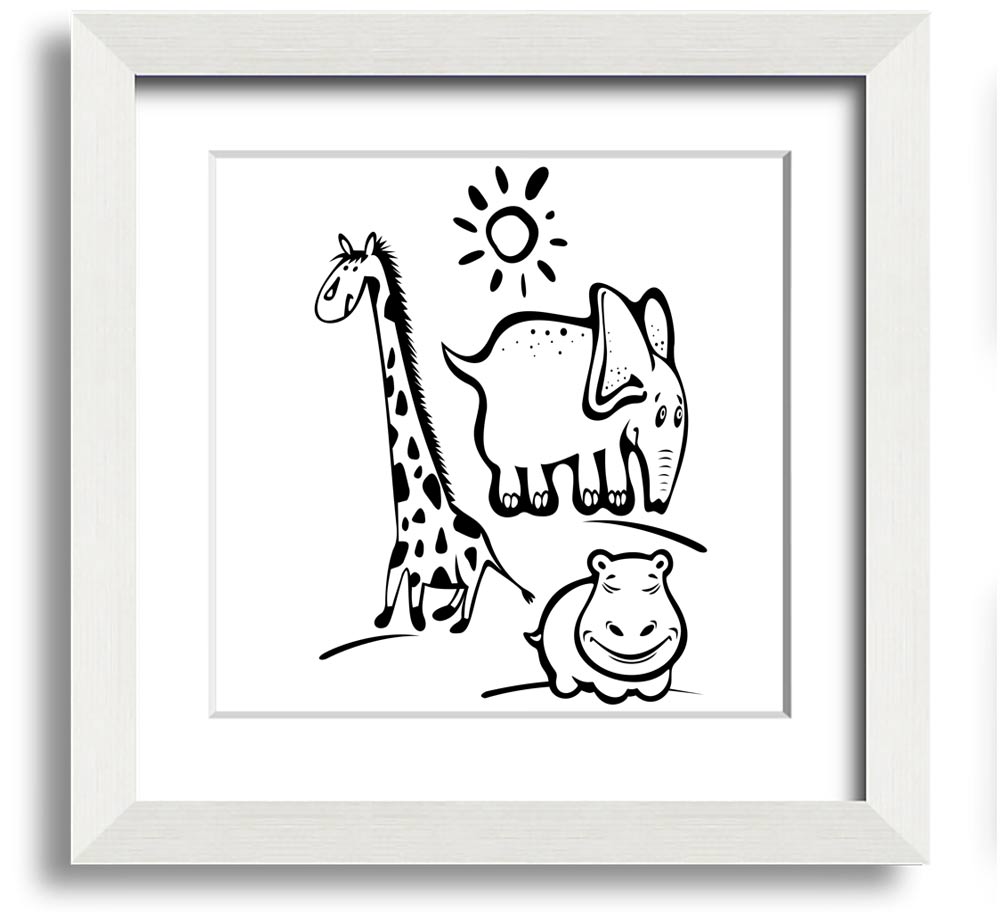 Animals Under The Sun White square framed print showcasing various animals under sunlight, handmade in the UK.