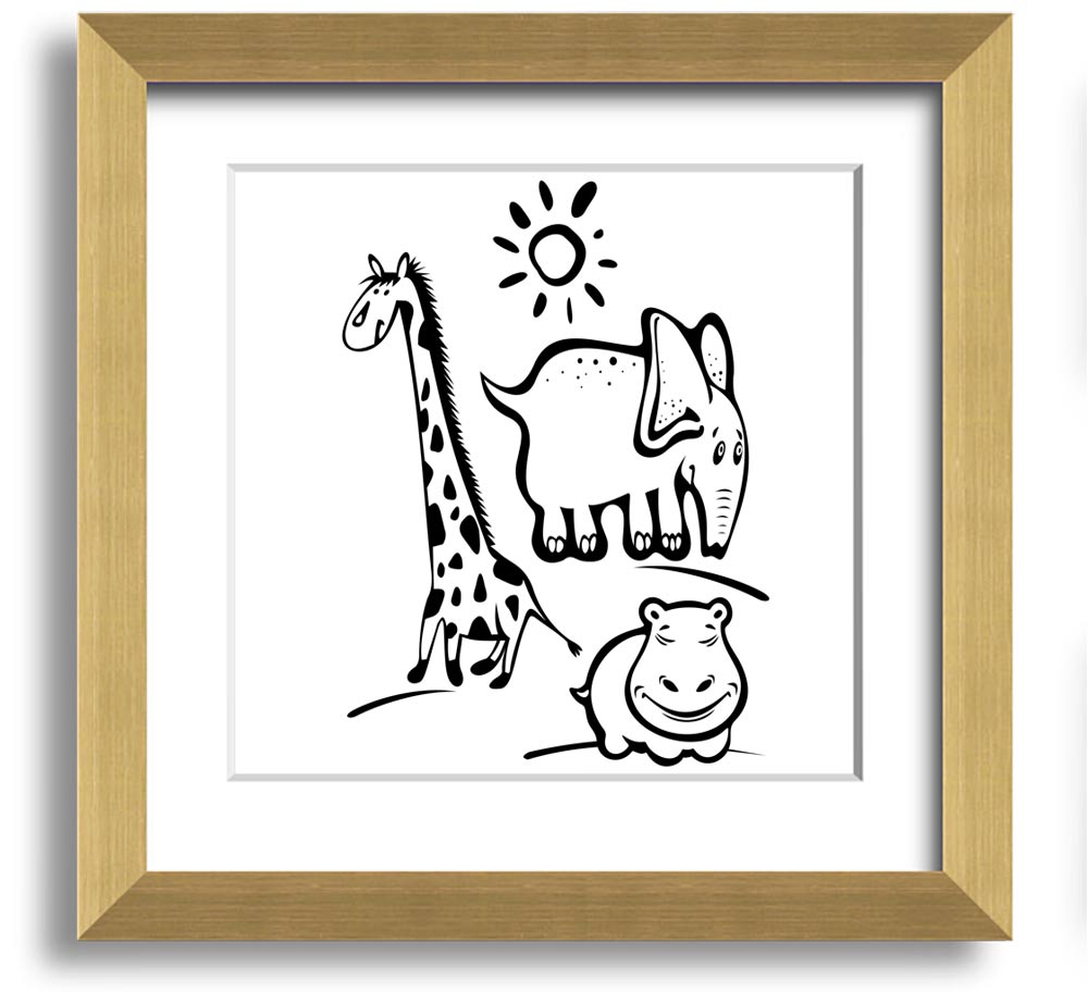 Animals Under The Sun White square framed print showcasing various animals under sunlight, handmade in the UK.