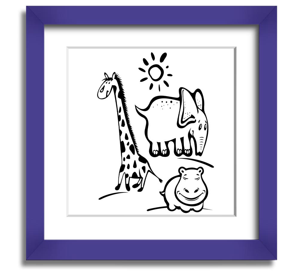 Animals Under The Sun White square framed print showcasing various animals under sunlight, handmade in the UK.