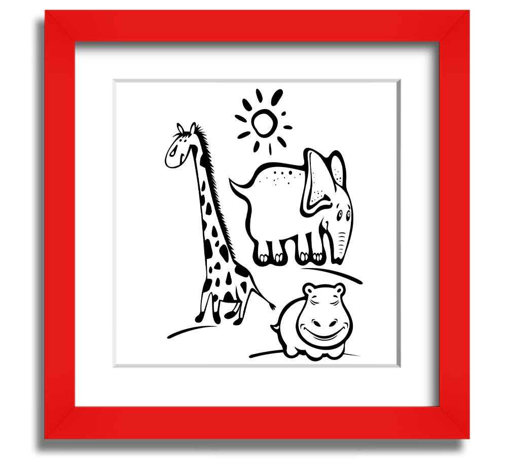 Animals Under The Sun White square framed print showcasing various animals under sunlight, handmade in the UK.