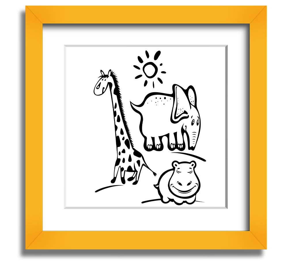 Animals Under The Sun White square framed print showcasing various animals under sunlight, handmade in the UK.