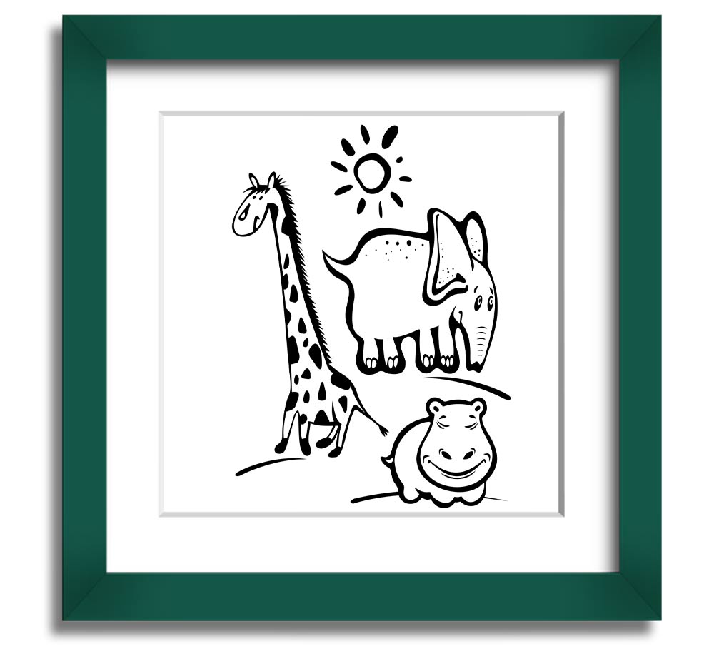 Animals Under The Sun White square framed print showcasing various animals under sunlight, handmade in the UK.