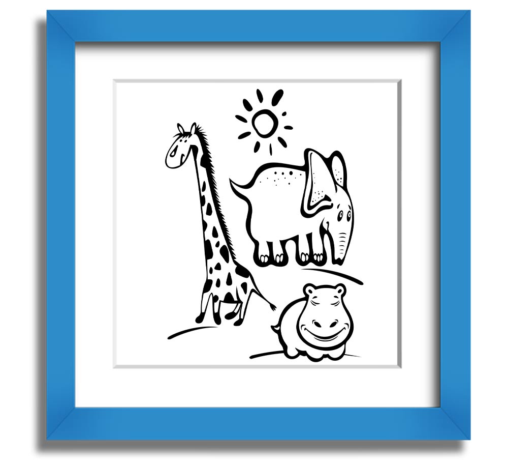 Animals Under The Sun White square framed print showcasing various animals under sunlight, handmade in the UK.
