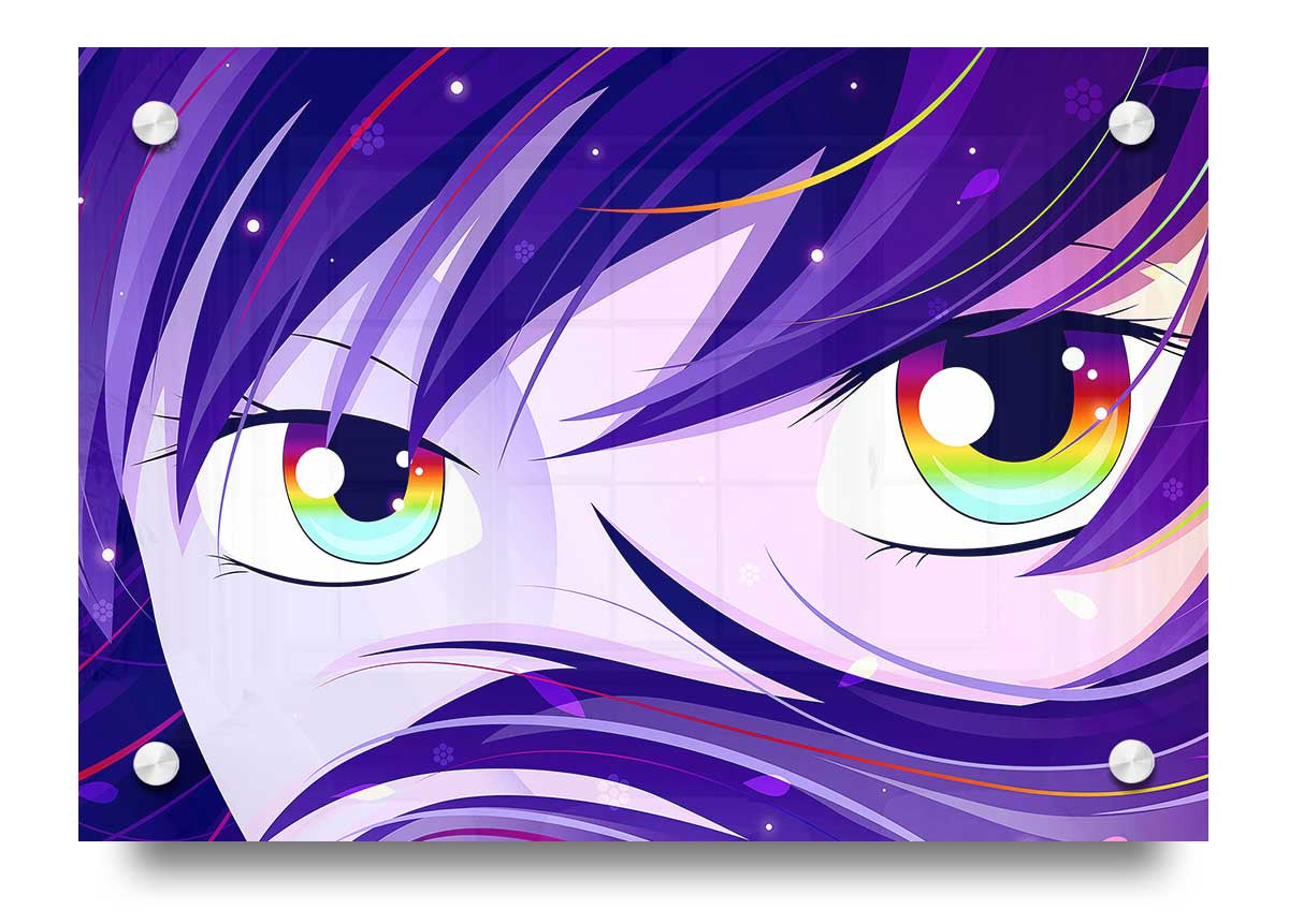 Vibrant Anime Rainbow Eyes acrylic print on 5mm thick glass, showcasing colorful anime art.