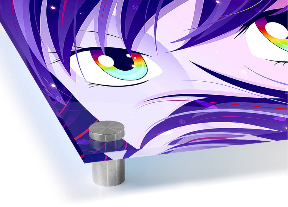 Vibrant Anime Rainbow Eyes acrylic print on 5mm thick glass, showcasing colorful anime art.