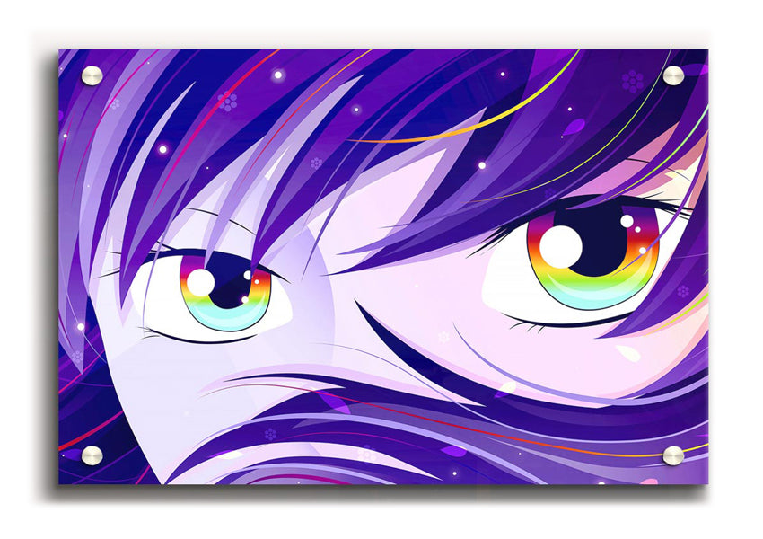 Vibrant Anime Rainbow Eyes acrylic print on 5mm thick glass, showcasing colorful anime art.