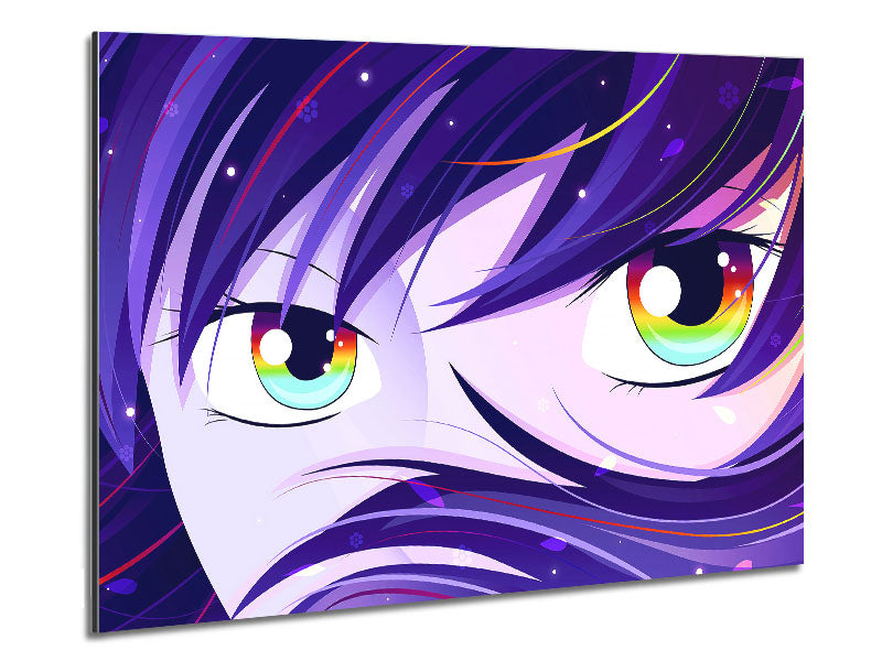 Vibrant Anime Rainbow Eyes artwork printed on brushed aluminium dibond, showcasing colorful anime design.