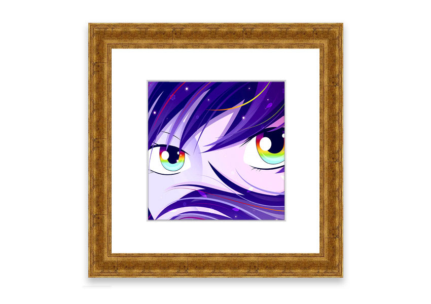 A vibrant framed print of Anime Rainbow Eyes featuring colorful anime-style artwork, available in various frame colors.