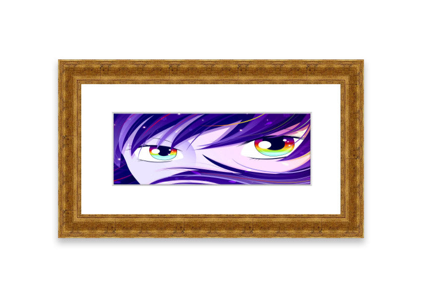 A vibrant framed print of Anime Rainbow Eyes featuring colorful anime-style artwork, available in various frame colors.