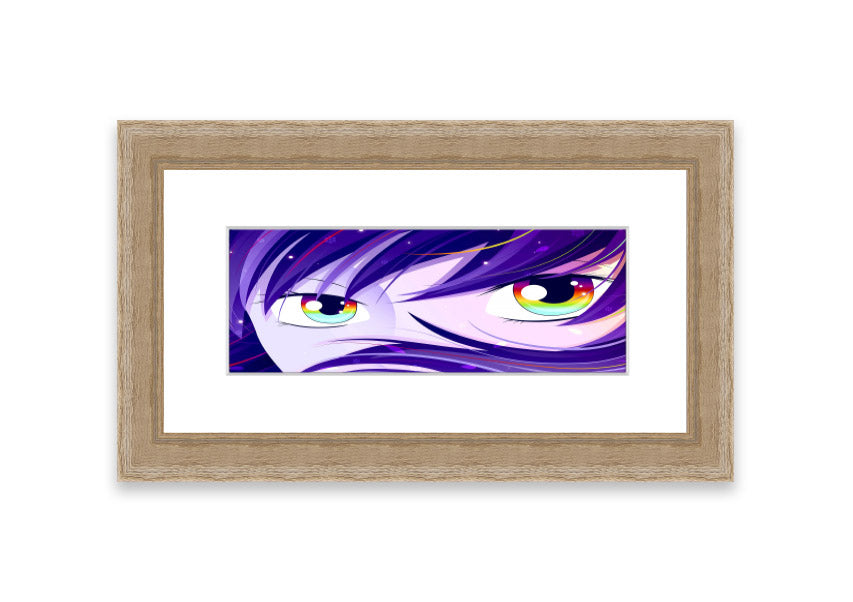 A vibrant framed print of Anime Rainbow Eyes featuring colorful anime-style artwork, available in various frame colors.